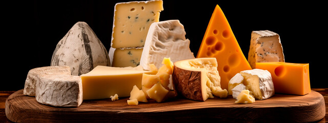 different types of cheese on a wooden board on a black background