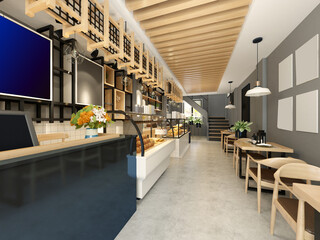 modern bakery cafe interior, 3d rendering