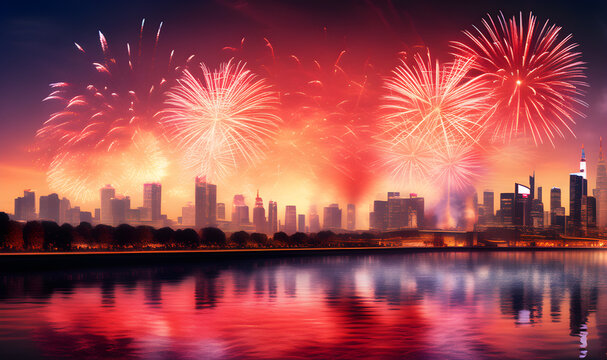 city skyline at night, 2024, firework, Los Angeles
