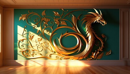Traditional Chinese wooden green dragon with curving texture. Dark green and golden wall interior decoration symbol of 2024