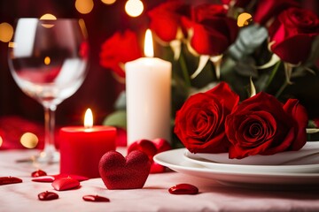 front view of dining table with red roses valentine's day dinner concept 
