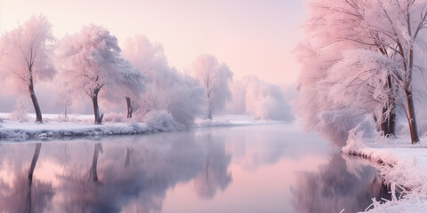 Obraz na płótnie Canvas Christmas lace. Winter landscape in pink tones.Mostly calm winter river, surrounded by trees covered with hoarfrost and snow that falls on a beautiful pink morning light. 
