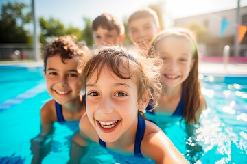 Diverse young children enjoying swimming lessons in pool, learning water safety skills, showing joy and camaraderie, representing a healthy lifestyle.	