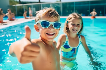 Diverse young children enjoying swimming lessons in pool, learning water safety skills, showing joy and camaraderie, representing a healthy lifestyle.