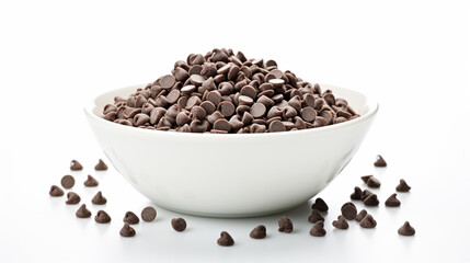 Pépites de chocolat dans un bol blanc, sur fond blanc. Morceau de chocolat pour dessert. Nourriture, délicieux. Arrière-plan pour conception et création graphique.	