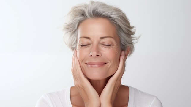 Beautiful gorgeous 50s mid aged mature woman looking at camera isolated on white touching her skin with eyes closed enjoying her glowing great skincare feeling