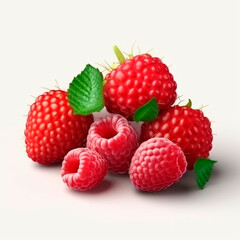 Red ripe raspberries with green leaves. Sweet 3d fresh fruits plucked from bush for vitamin desserts and organic snacks depicted close up for vegetarian design