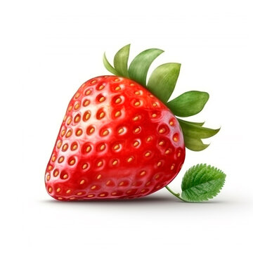 Red strawberry with green leaves. Juicy organic 3d fresh fruit plucked from bush for vitamin desserts and snacks depicted close up for vegetarian design