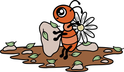 Ant working, summer day, leaves and flowers. Cute cartoon