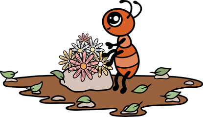 Ant working, summer day, leaves and flowers. Cute cartoon