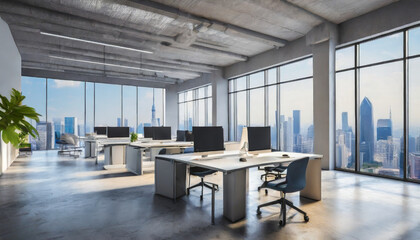 Interior of modern Industrial style open space office with white walls, concrete floor