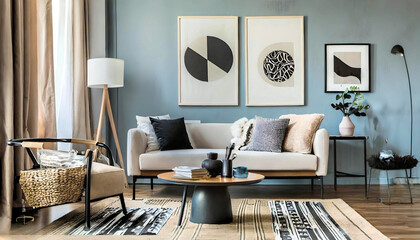 Interior design of living room with mock up posters, stylish modular sofa, coffee table, pillow cousin
