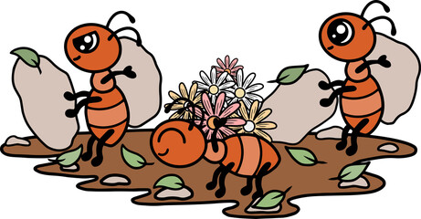 Ants working, summer day, leaves and flowers. Cute cartoon