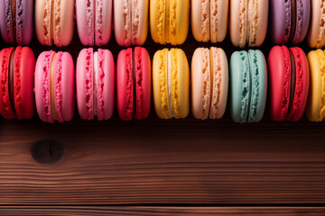 French macaroons of different colors lying on a wooden table