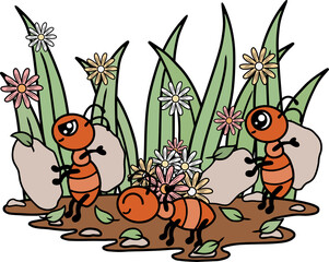 Ants working, summer day, leaves and flowers. Cute cartoon