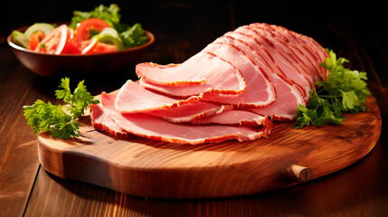 Sliced ham on a wooden board