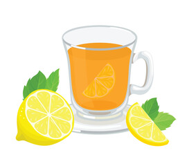 Lemon tea in glass cup. Vector cartoon flat illustration of healthy hot drink with citruses.