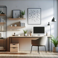 A minimalist office with a desk, chair, and bookshelf