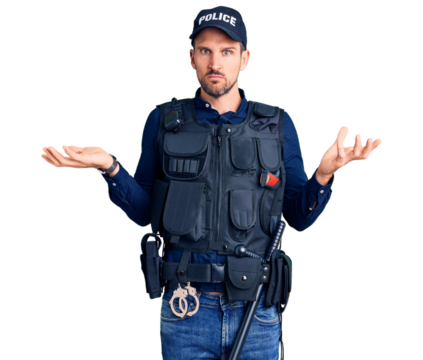 Young handsome man wearing police uniform clueless and confused with open arms, no idea concept.