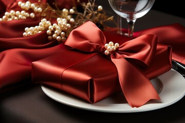 composition of red roses with gift boxes on table 