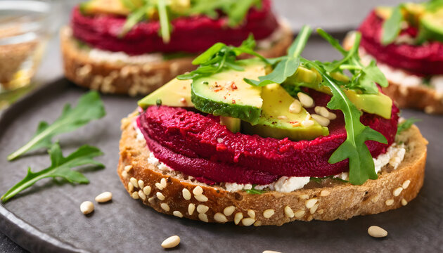belegtes, br&ouml;tchen, hummus, rote, Beete, tofu, Avocado, sesamk&ouml;rner, lecker, vegan, brot, K&ouml;rnerbrot, close up, 