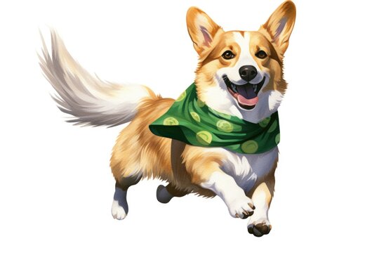 A dog wearing a green bandana running.