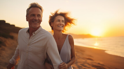 A man and woman walking on a beach at sunset.