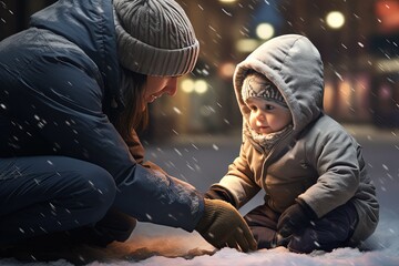 mom and baby boy playing in snow fall outdoor, family time joyful, first winter kid experience...