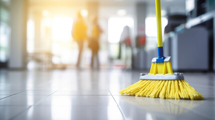 copy space, stockphoto, people Mopping an Office Floor, Mop Close-Up, Cleaner Cleans the Floors. Professional cleaning team cleaning floor in an office or business building.