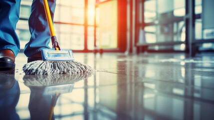 copy space, stockphoto, people Mopping an Office Floor, Mop Close-Up, Cleaner Cleans the Floors. Professional cleaning team cleaning floor in an office or business building. - obrazy, fototapety, plakaty