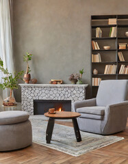Barrel chair and round coffee table near gray corner fabric sofa against the wall with fireplace and bookshelves design. The interior design of the modern living room