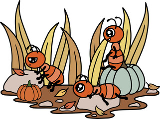 Autumn season ants working together. Fall environment with golden leaves, pumpkins.
