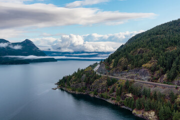 Obraz na płótnie Canvas Sea to Sky Highway in Howe Sound. Aerial View Canadian Mountain Landscape on West Coast.