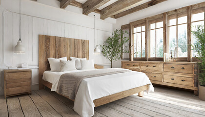 interior of bedroom , Bed with barn wood headboard and rustic bedside cabinet. Farmhouse interior design of modern bedroom , Interior Design Background.