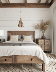 interior of bedroom , Bed with barn wood headboard and rustic bedside cabinet. Farmhouse interior design of modern bedroom , Interior Design Background.