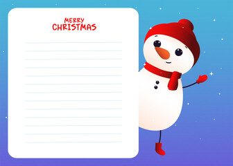 Letter to Santa Claus. Snowman . New Year card.