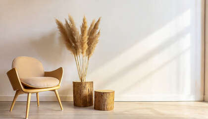 Beige barrel chair, stump side table and vase with pampas grass against white wall - obrazy, fototapety, plakaty