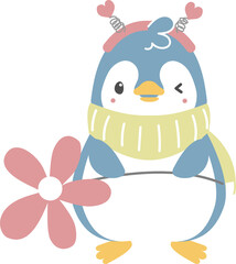 happy valentine's day with penguin holding flower, love concept, flat png transparent element character design