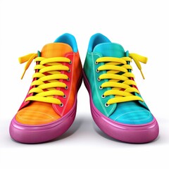 A pair of colorful sneakers with yellow laces.
