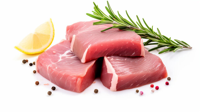 Filet de thon rouge cru, avec des rondelles de citron, du thym et des grains de poivre. Nourriture, poisson, plat. Pour conception et cr&eacute;ation graphique.