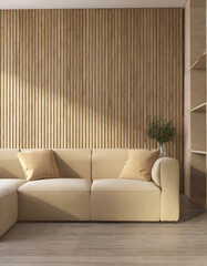 Beige corner sofa against of wooden paneling wall Minimalist interior design of modern living room
