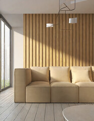 Beige corner sofa against of wooden paneling wall Minimalist interior design of modern living room