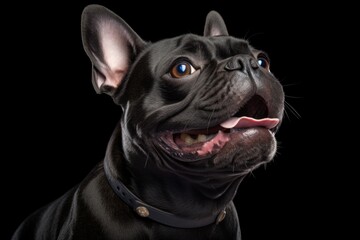 A close up of a dog with a collar on. Happy French bulldog. Happy French bulldog.