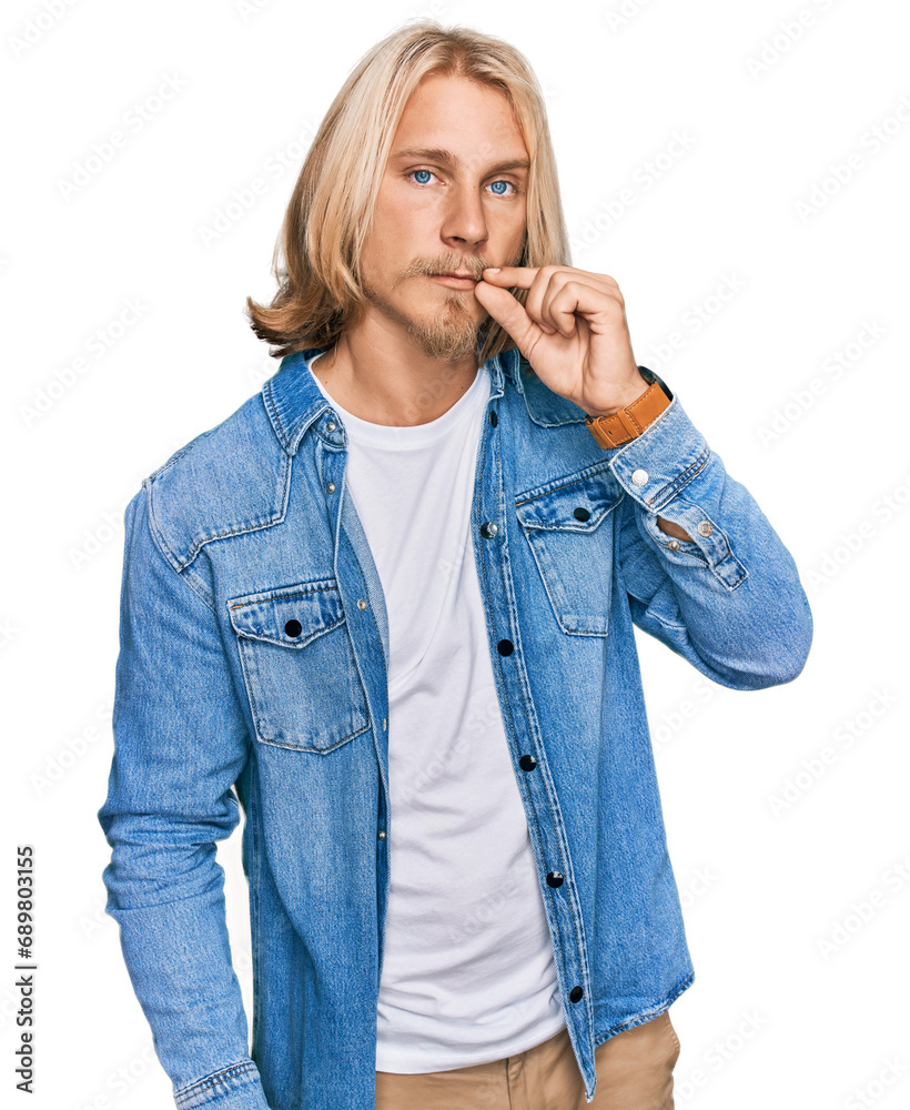 Sticker Caucasian man with blond long hair wearing casual denim jacket mouth and lips shut as zip with fingers. secret and silent, taboo talking