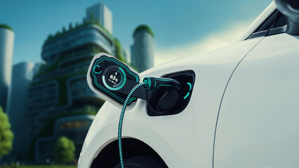 EV car plug in with charging station to recharge electricity from EV charger display battery status hologram in green park as futuristic eco lifestyle in city and utilization of clean energy. Peruse