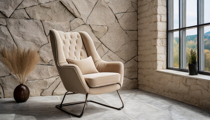 Beige fabric lounge recliner chair against stone cladding wall. Rustic minimalist home interior design of modern living room.