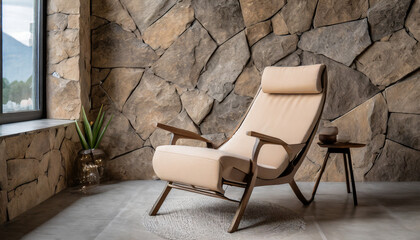 Beige fabric lounge recliner chair against stone cladding wall. Rustic minimalist home
