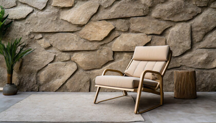 Beige fabric lounge recliner chair against stone cladding wall. Rustic minimalist home