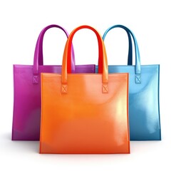 Three different colored handbags on a white surface.