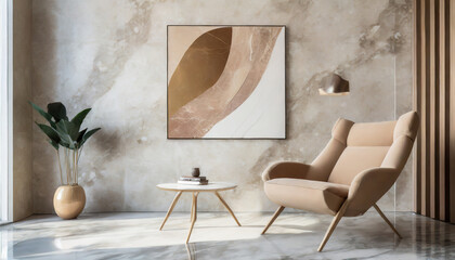 Beige lounge chair against marble wall with abstract poster Minimalist home interior design